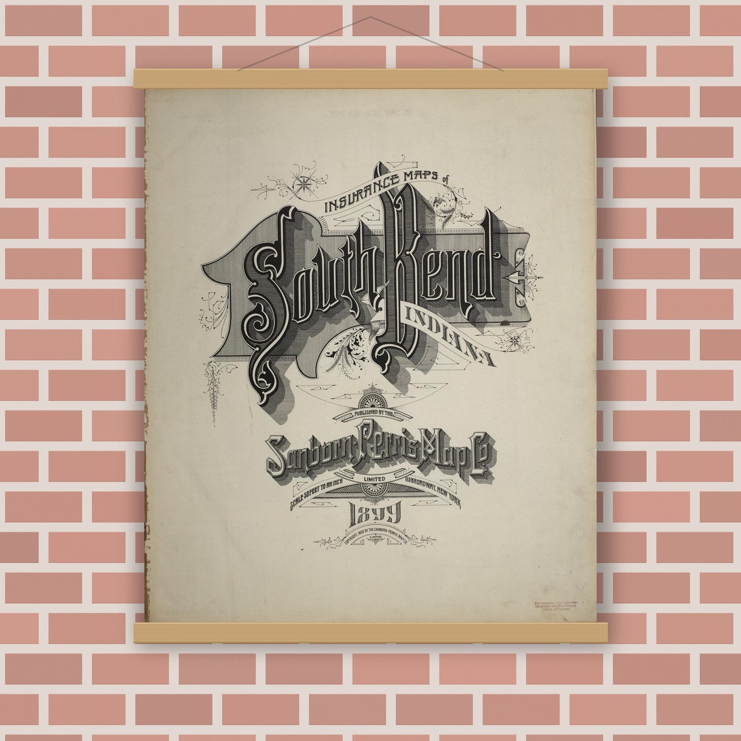 Old map wall art mockup — magnetic wood frame on brick wall — Sanborn Fire Insurance Map from South Bend, Saint Joseph County, Indiana (1899), Sheet #0001