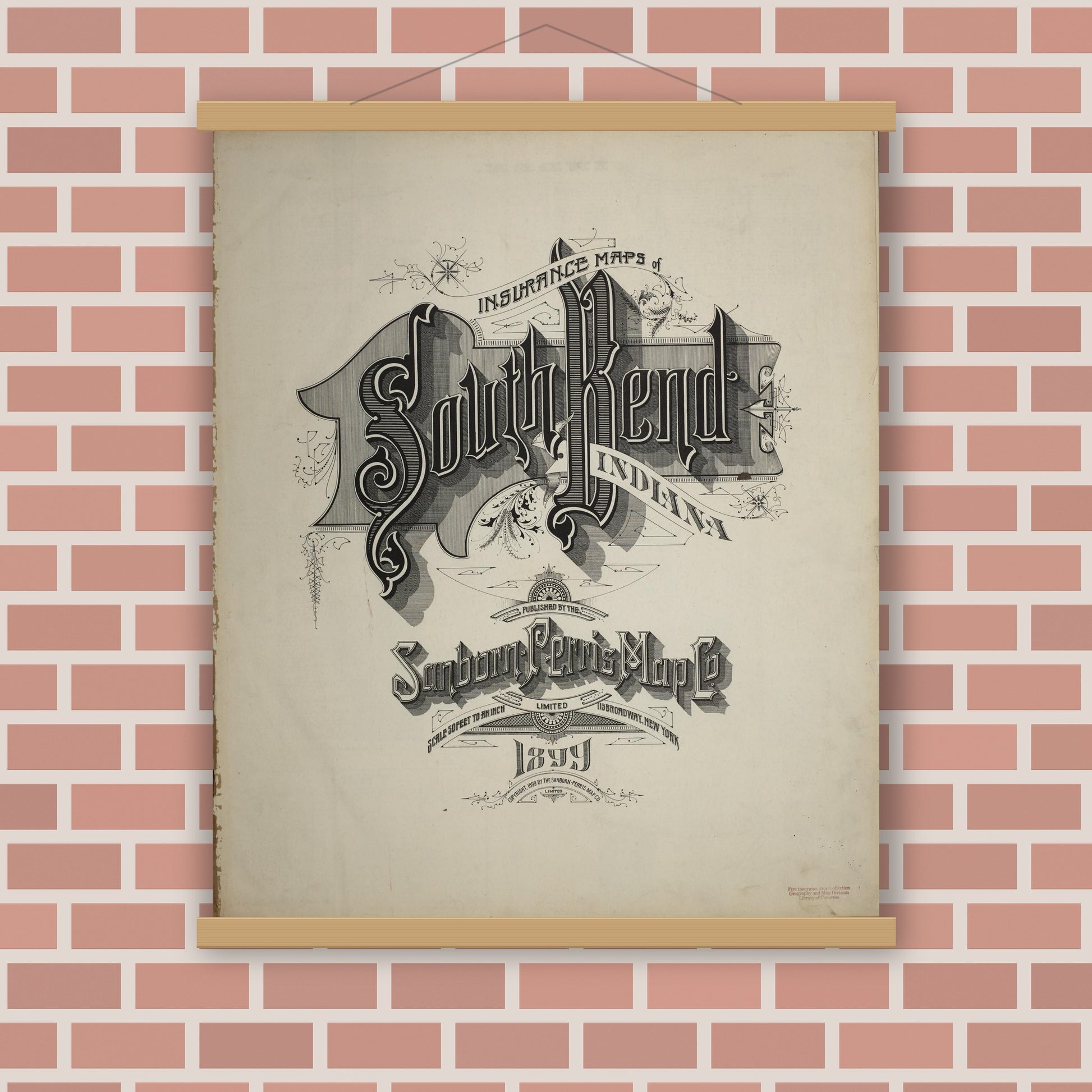 Old map wall art mockup — magnetic wood frame on brick wall — Sanborn Fire Insurance Map from South Bend, Saint Joseph County, Indiana (1899), Sheet #0001