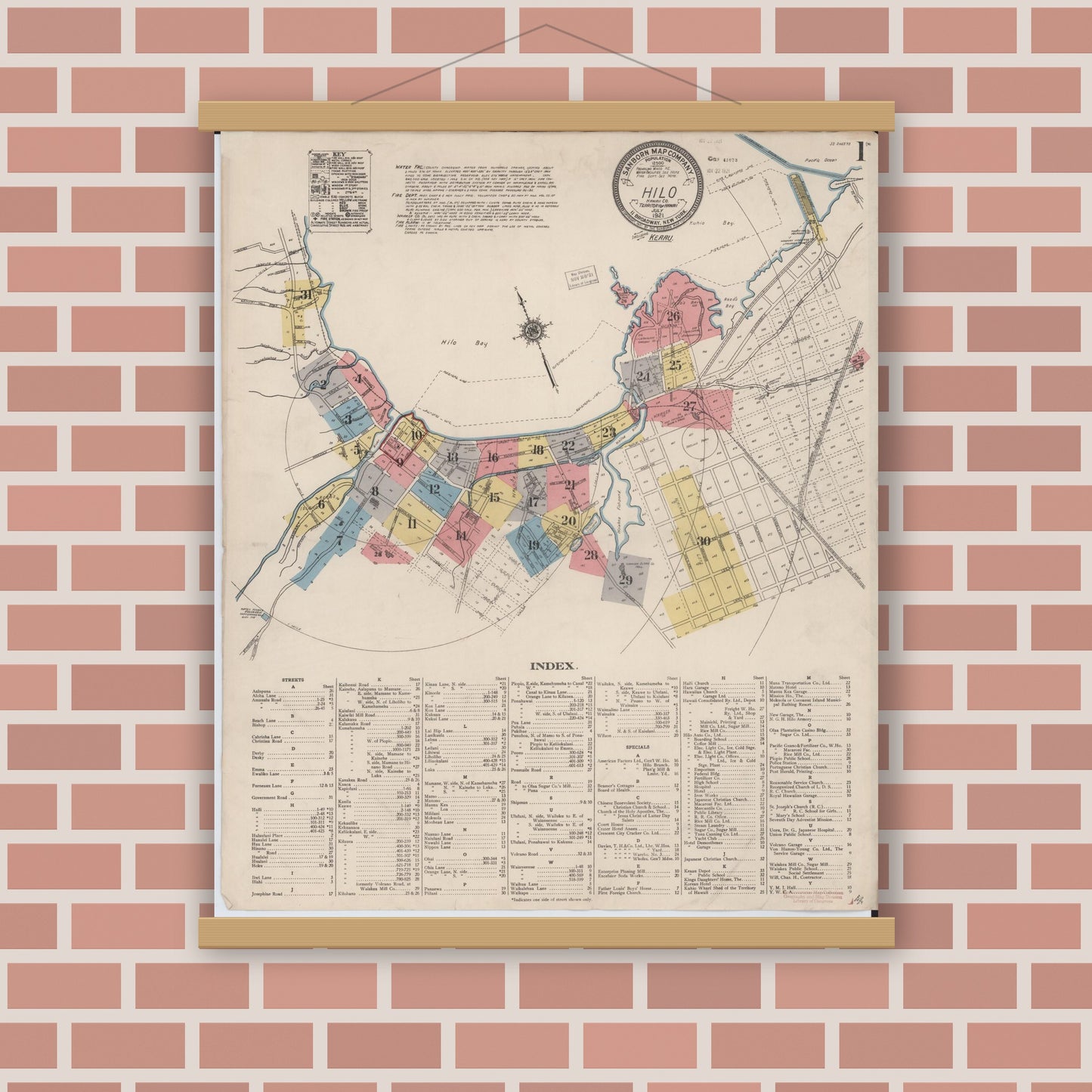 Old map wall art mockup — magnetic wood frame on brick wall — Sanborn Fire Insurance Map from Hilo, Hawaii County, Hawaii (1921), Sheet #0001