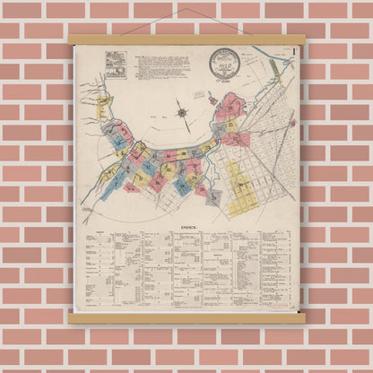 Old map wall art mockup — magnetic wood frame on brick wall — Sanborn Fire Insurance Map from Hilo, Hawaii County, Hawaii (1921), Sheet #0001