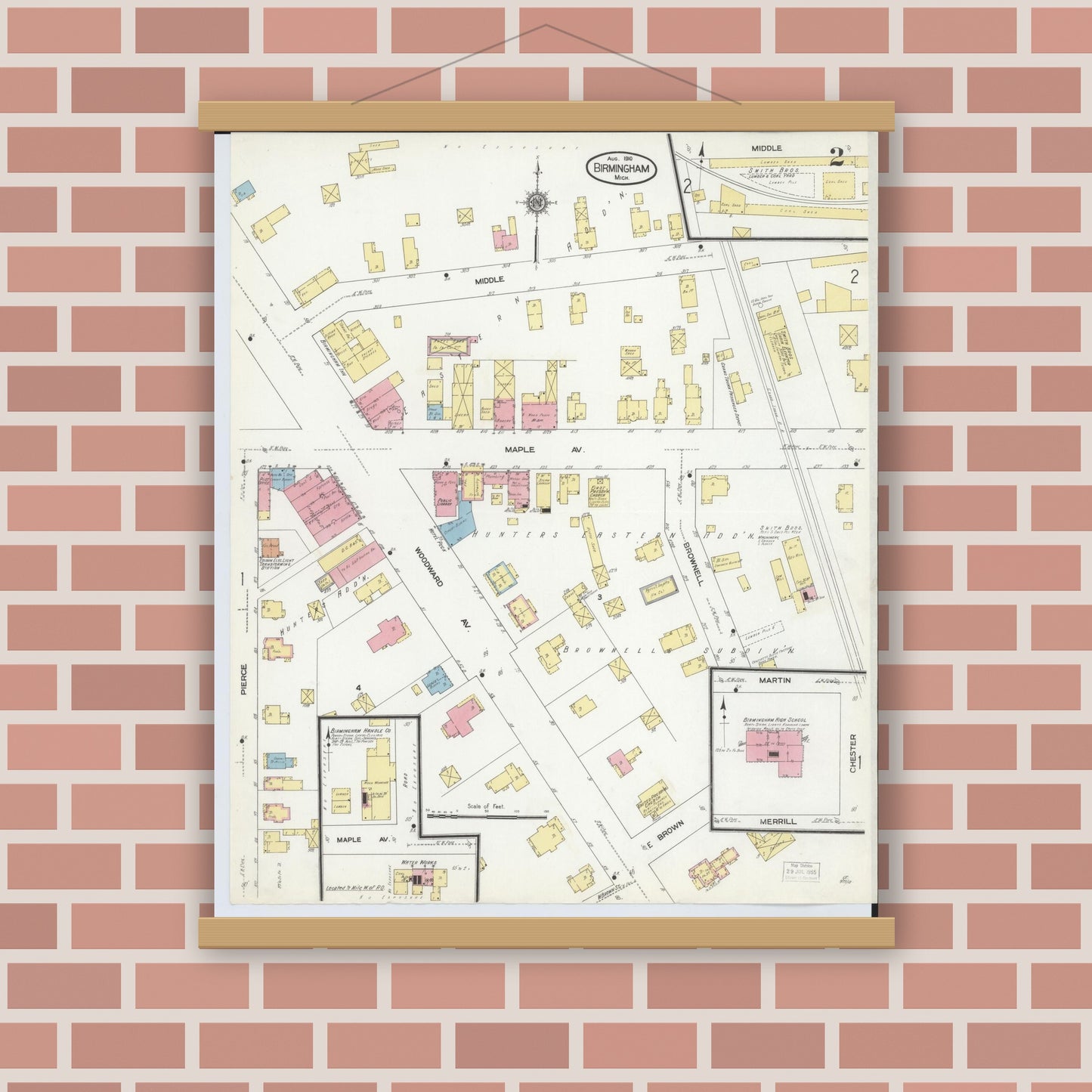 Old map wall art mockup — magnetic wood frame on brick wall — Sanborn Fire Insurance Map from Birmingham, Oakland County, Michigan (1910), Sheet #0002