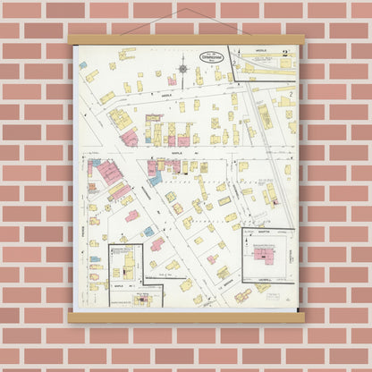 Old map wall art mockup — magnetic wood frame on brick wall — Sanborn Fire Insurance Map from Birmingham, Oakland County, Michigan (1910), Sheet #0002