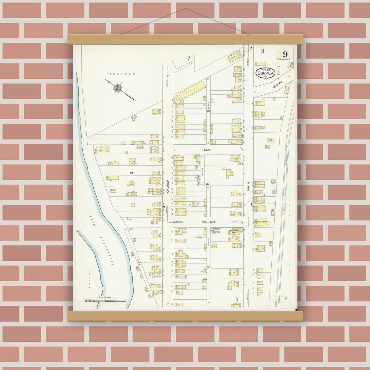 Old map wall art mockup — magnetic wood frame on brick wall — Sanborn Fire Insurance Map from Duryea, Luzerne County, Pennsylvania (1914), Sheet #0009