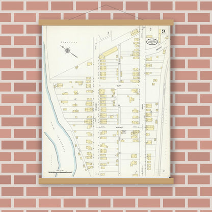 Old map wall art mockup — magnetic wood frame on brick wall — Sanborn Fire Insurance Map from Duryea, Luzerne County, Pennsylvania (1914), Sheet #0009