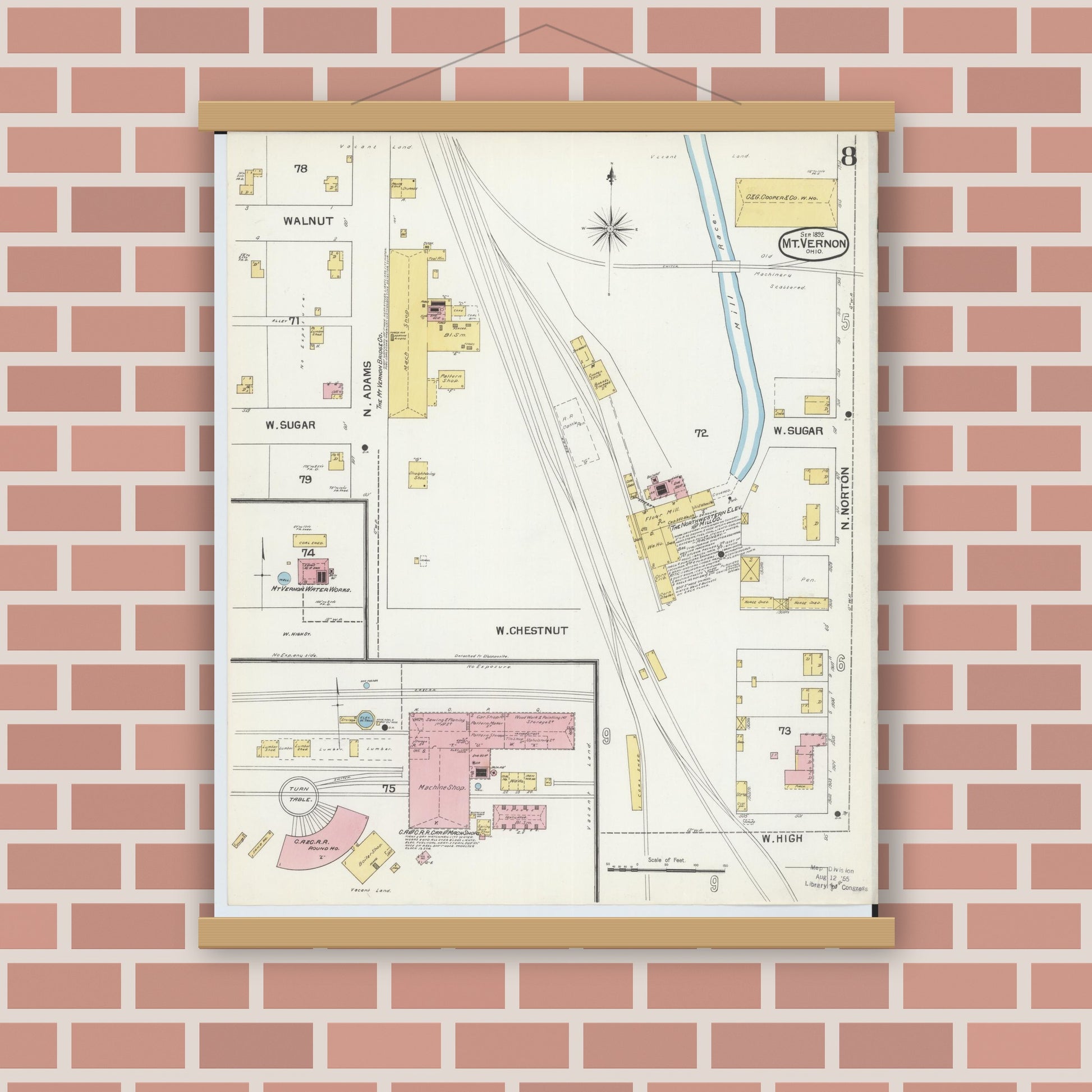 Old map wall art mockup — magnetic wood frame on brick wall — Sanborn Fire Insurance Map from Mount Vernon, Knox County, Ohio (1892), Sheet #0008