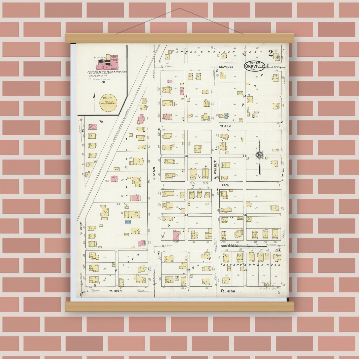 Old map wall art mockup — magnetic wood frame on brick wall — Sanborn Fire Insurance Map from Orrville, Wayne County, Ohio (1920), Sheet #0002