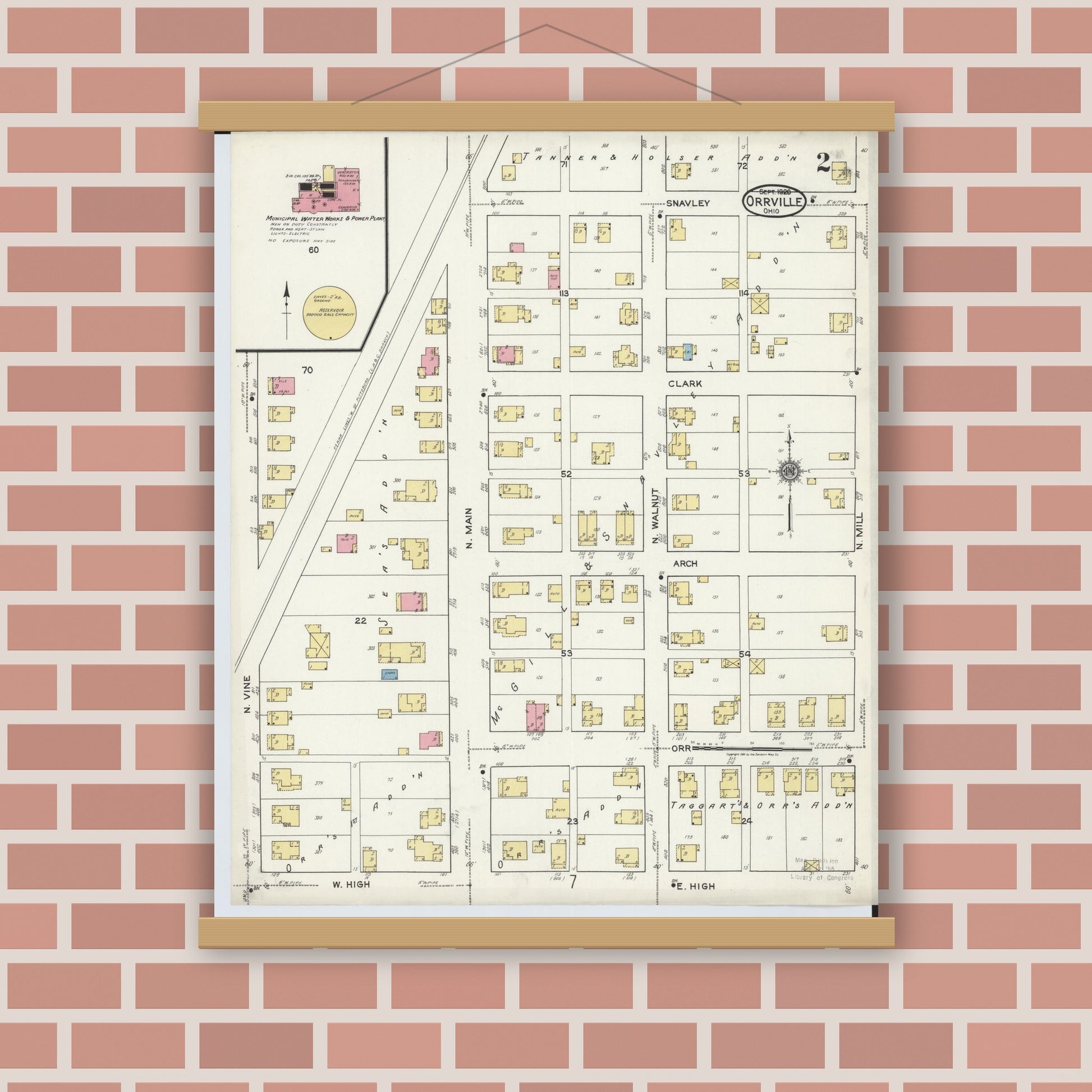 Old map wall art mockup — magnetic wood frame on brick wall — Sanborn Fire Insurance Map from Orrville, Wayne County, Ohio (1920), Sheet #0002