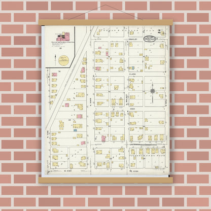 Old map wall art mockup — magnetic wood frame on brick wall — Sanborn Fire Insurance Map from Orrville, Wayne County, Ohio (1920), Sheet #0002