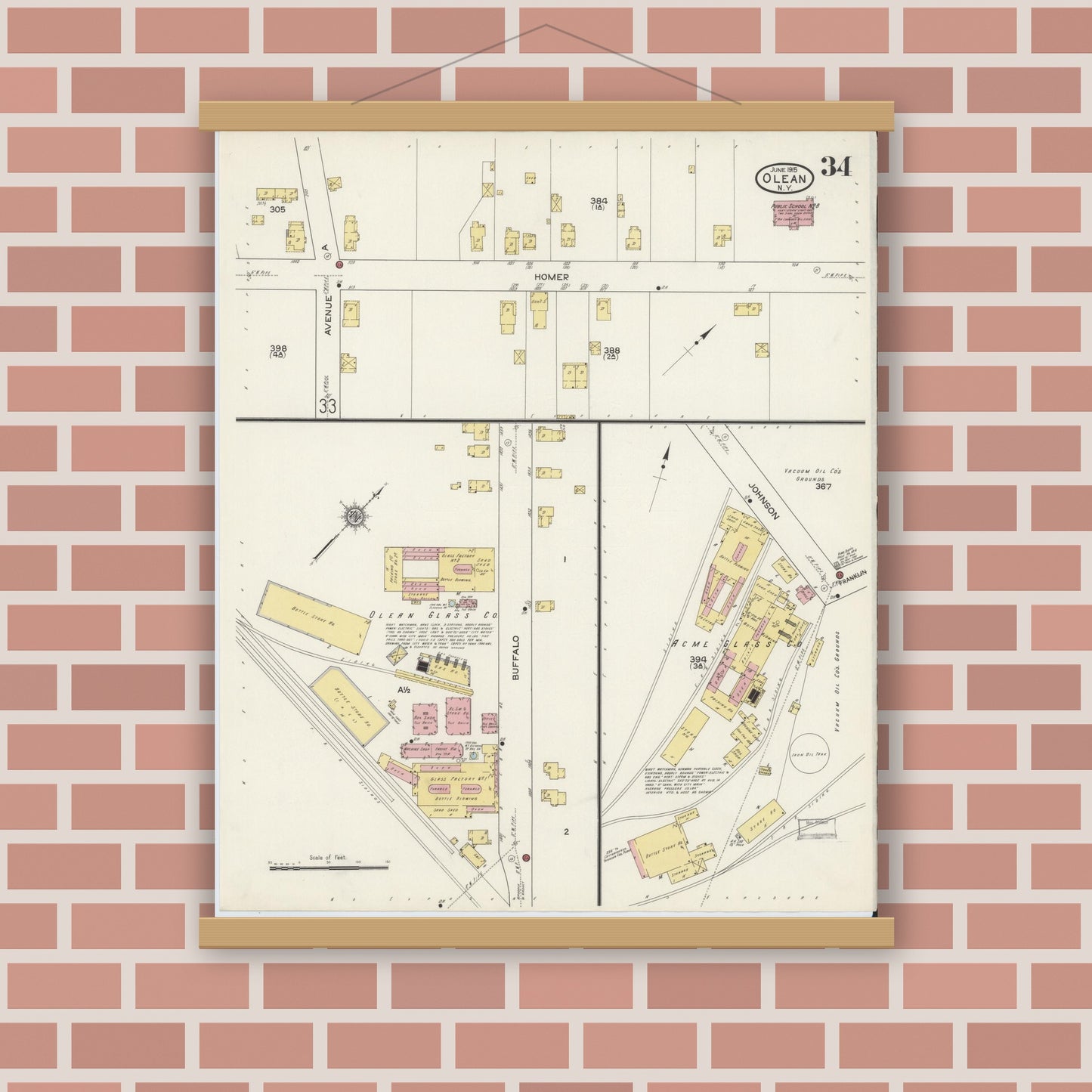 Old map wall art mockup — magnetic wood frame on brick wall — Sanborn Fire Insurance Map from Olean, Cattaraugus County, New York (1915), Sheet #0034