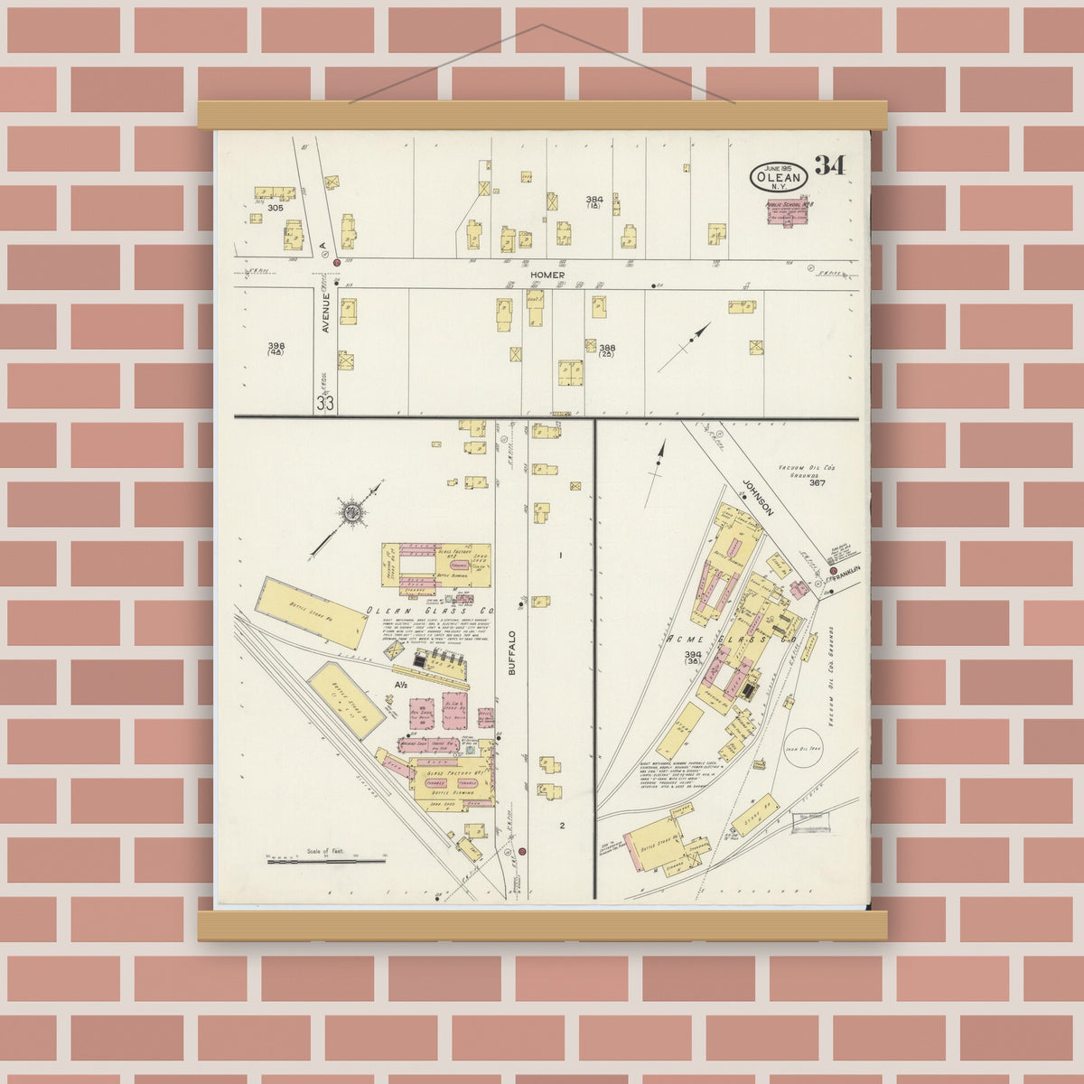 Old map wall art mockup — magnetic wood frame on brick wall — Sanborn Fire Insurance Map from Olean, Cattaraugus County, New York (1915), Sheet #0034