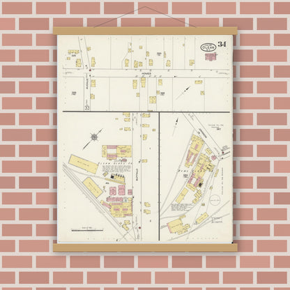 Old map wall art mockup — magnetic wood frame on brick wall — Sanborn Fire Insurance Map from Olean, Cattaraugus County, New York (1915), Sheet #0034