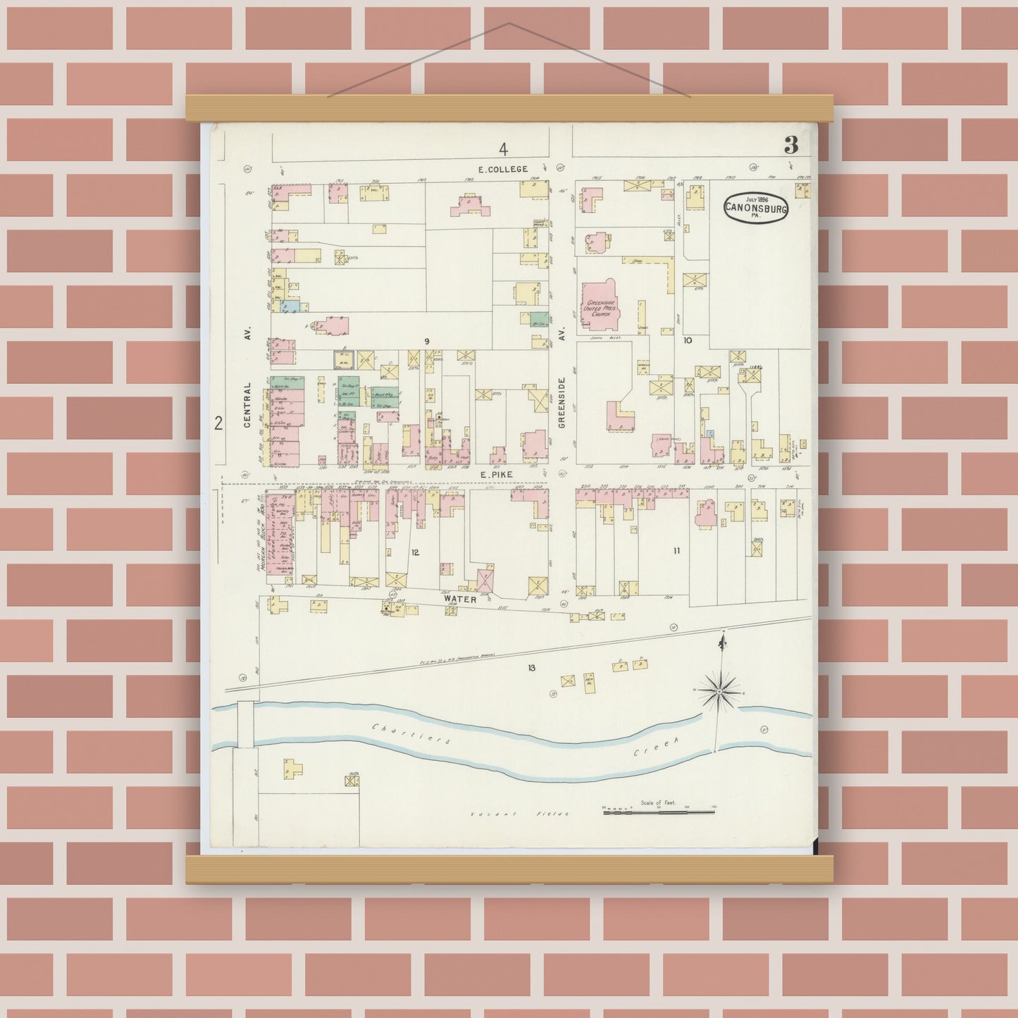 Old map wall art mockup — magnetic wood frame on brick wall — Sanborn Fire Insurance Map from Canonsburg, Washington County, Pennsylvania (1896), Sheet #0003