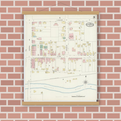 Old map wall art mockup — magnetic wood frame on brick wall — Sanborn Fire Insurance Map from Canonsburg, Washington County, Pennsylvania (1896), Sheet #0003
