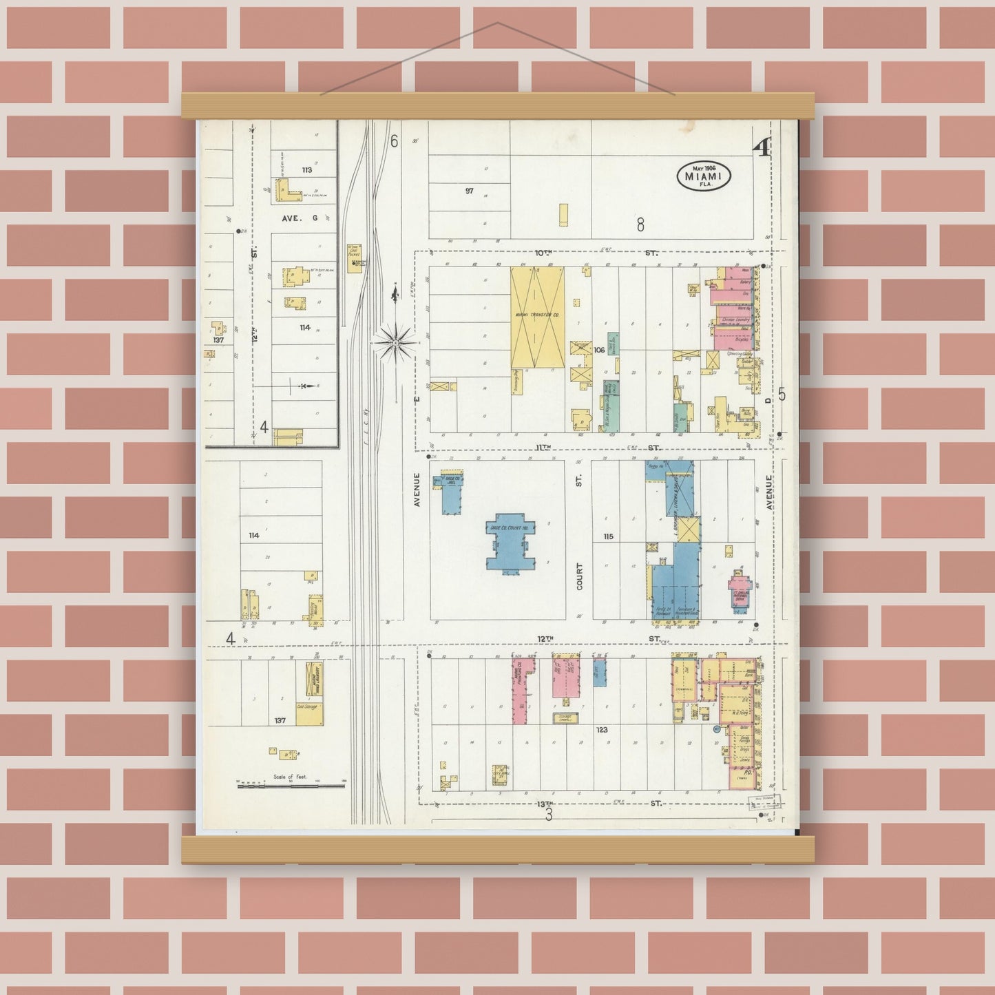 Old map wall art mockup — magnetic wood frame on brick wall — Sanborn Fire Insurance Map from Miami, Dade County, Florida (1906), Sheet #0004
