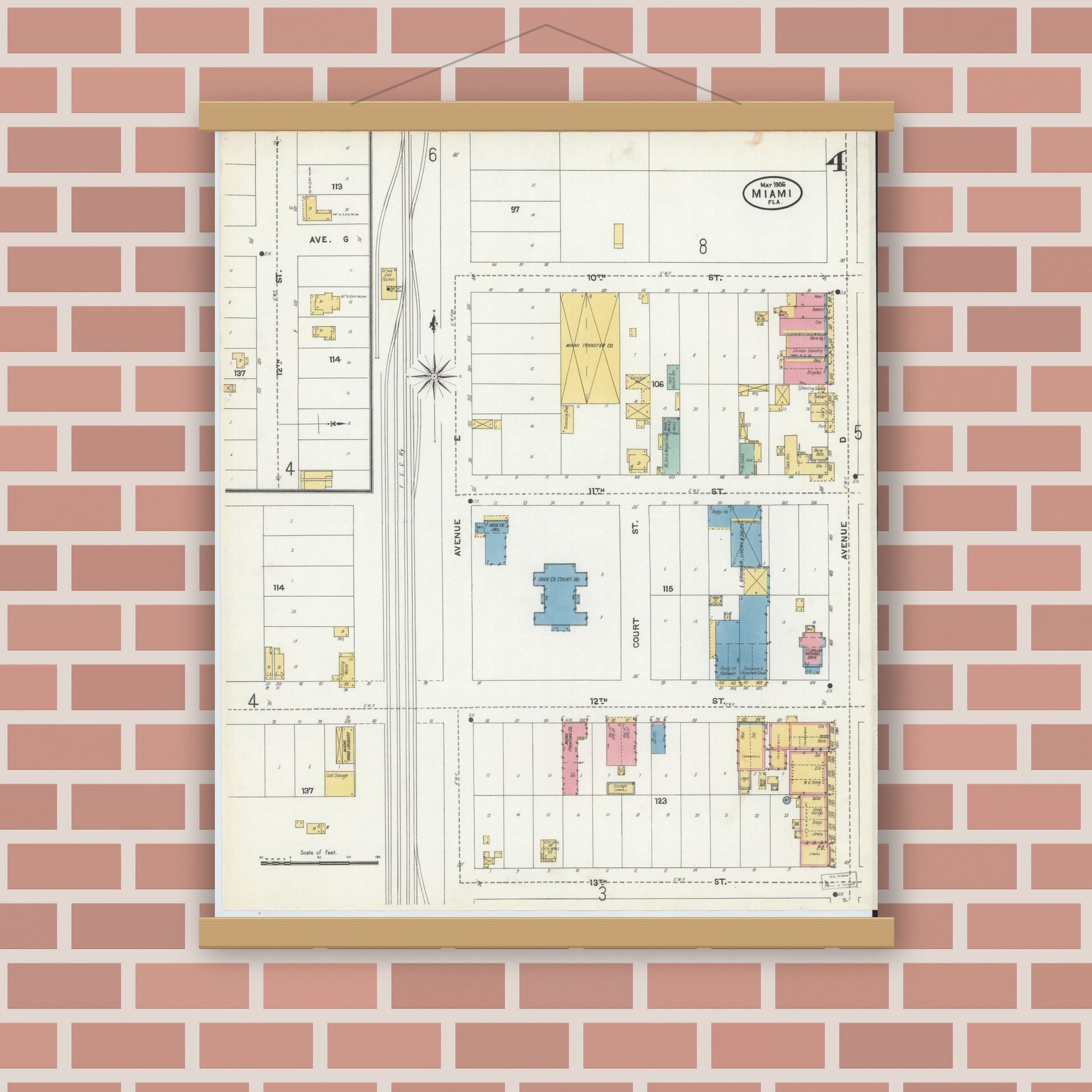 Old map wall art mockup — magnetic wood frame on brick wall — Sanborn Fire Insurance Map from Miami, Dade County, Florida (1906), Sheet #0004