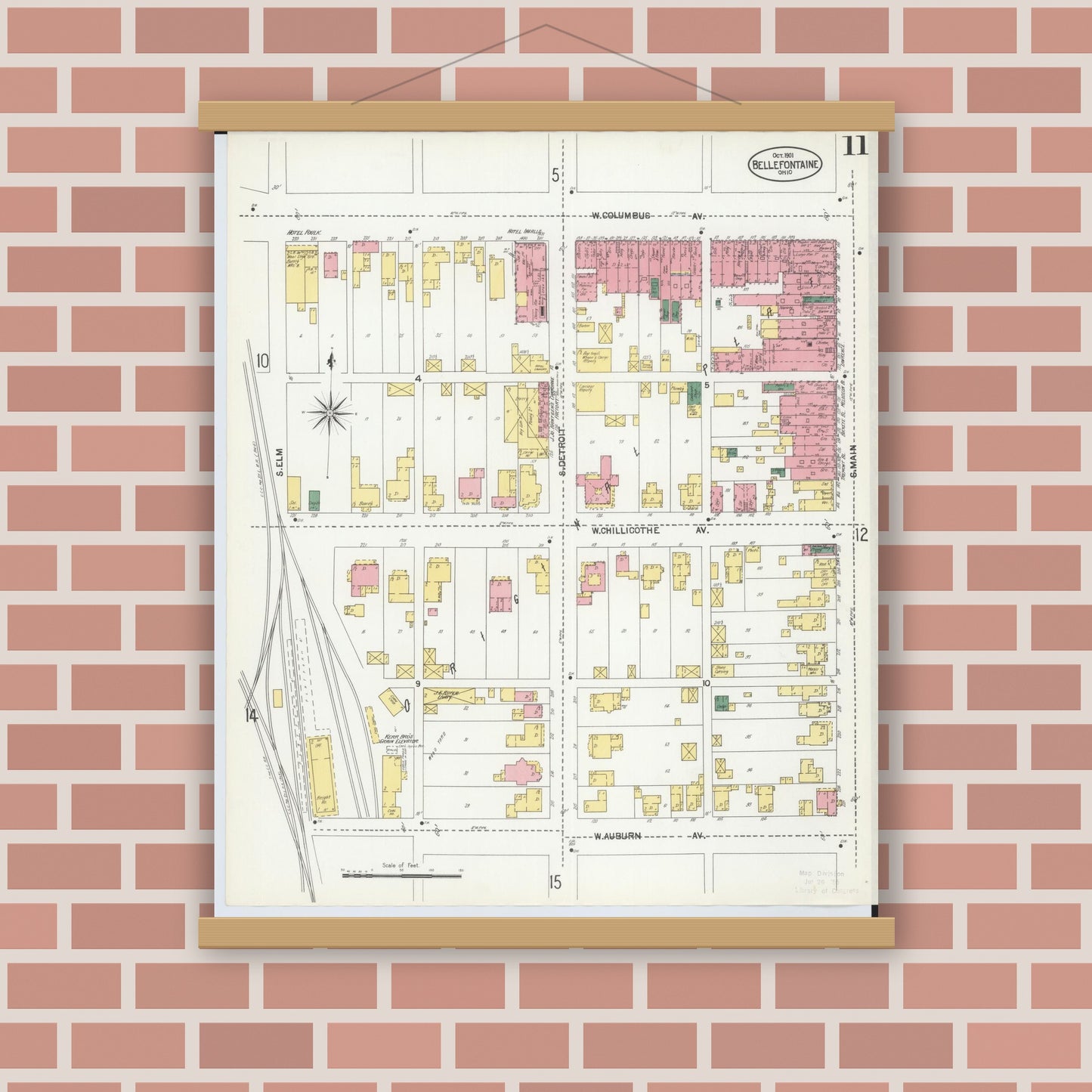 Old map wall art mockup — magnetic wood frame on brick wall — Sanborn Fire Insurance Map from Bellefontaine, Logan County, Ohio (1901), Sheet #0011