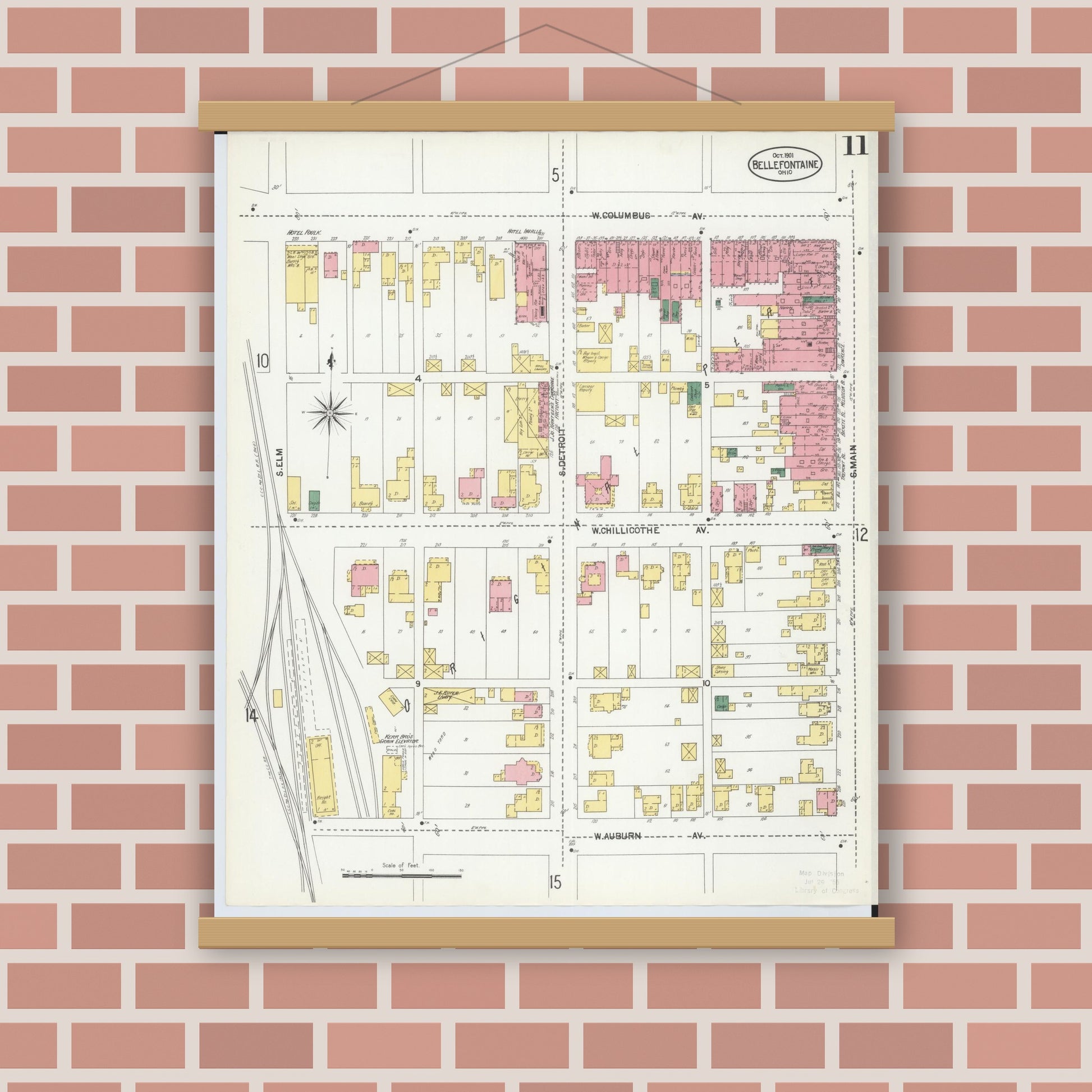 Old map wall art mockup — magnetic wood frame on brick wall — Sanborn Fire Insurance Map from Bellefontaine, Logan County, Ohio (1901), Sheet #0011