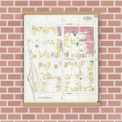 Old map wall art mockup — magnetic wood frame on brick wall — Sanborn Fire Insurance Map from Bellefontaine, Logan County, Ohio (1901), Sheet #0011