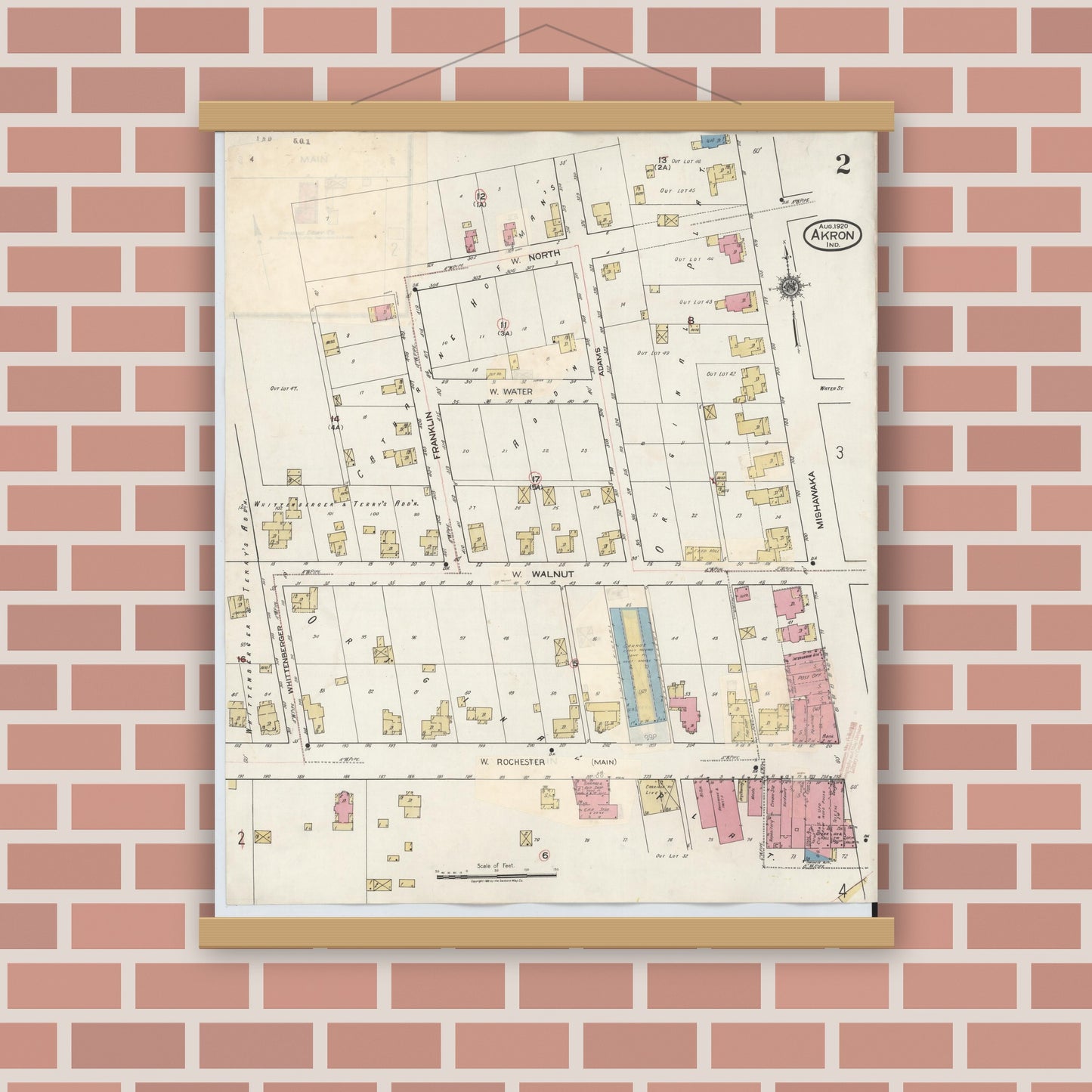 Old map wall art mockup — magnetic wood frame on brick wall — Sanborn Fire Insurance Map from Akron, Fulton County, Indiana (1932), Sheet #0002