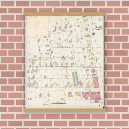 Old map wall art mockup — magnetic wood frame on brick wall — Sanborn Fire Insurance Map from Akron, Fulton County, Indiana (1932), Sheet #0002