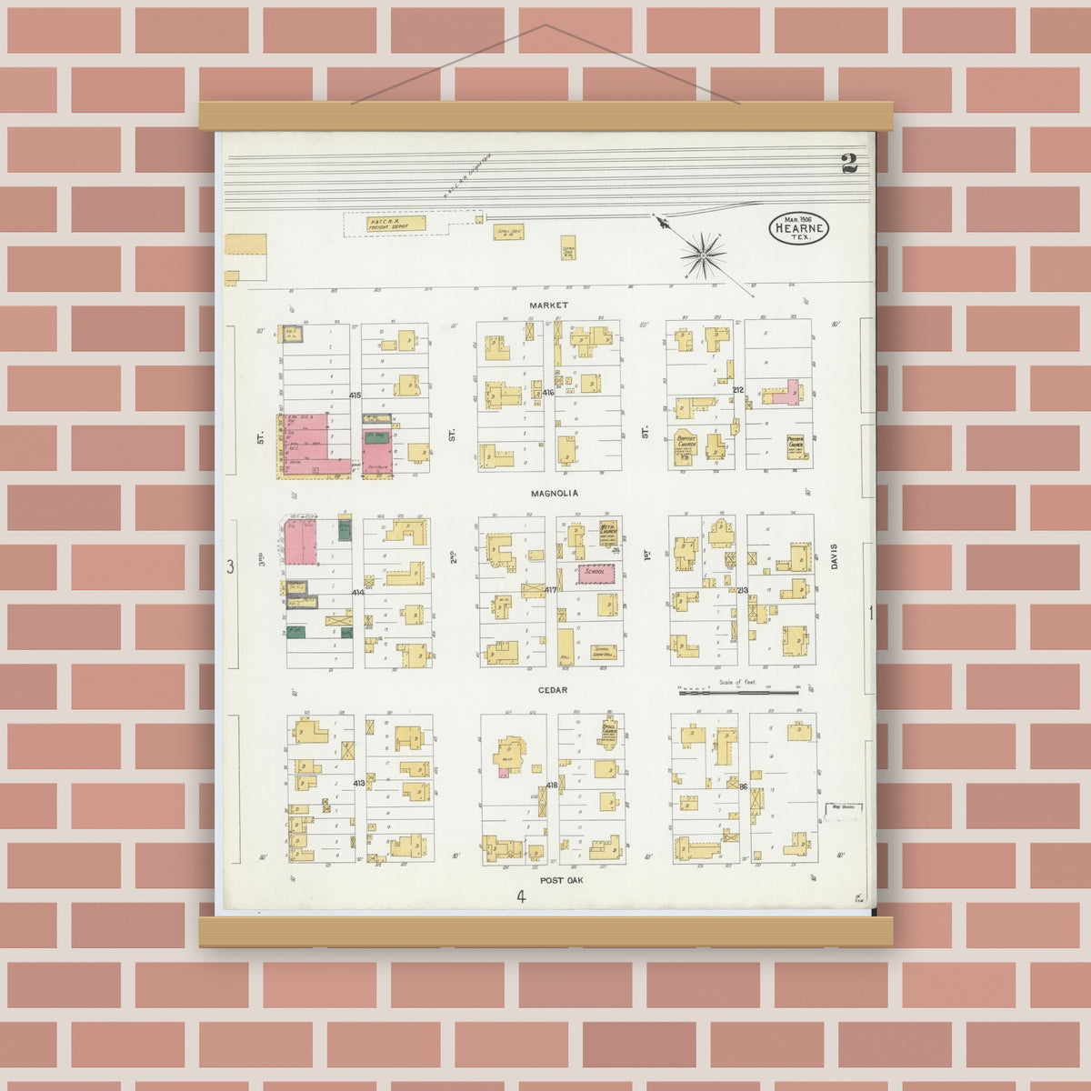 Old map wall art mockup — magnetic wood frame on brick wall — Sanborn Fire Insurance Map from Hearne, Robertson County, Texas (1906), Sheet #0002