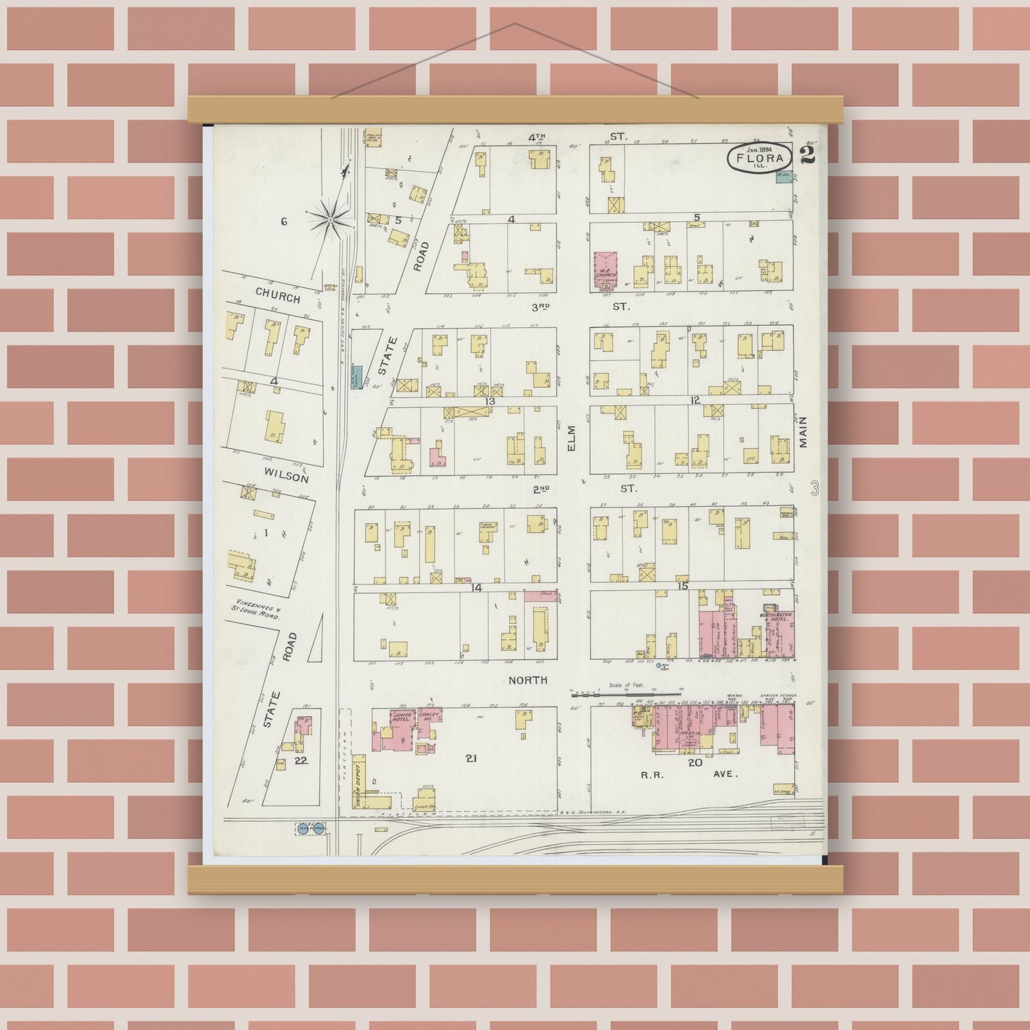 Old map wall art mockup — magnetic wood frame on brick wall — Sanborn Fire Insurance Map from Flora, Clay County, Illinois (1894), Sheet #0002