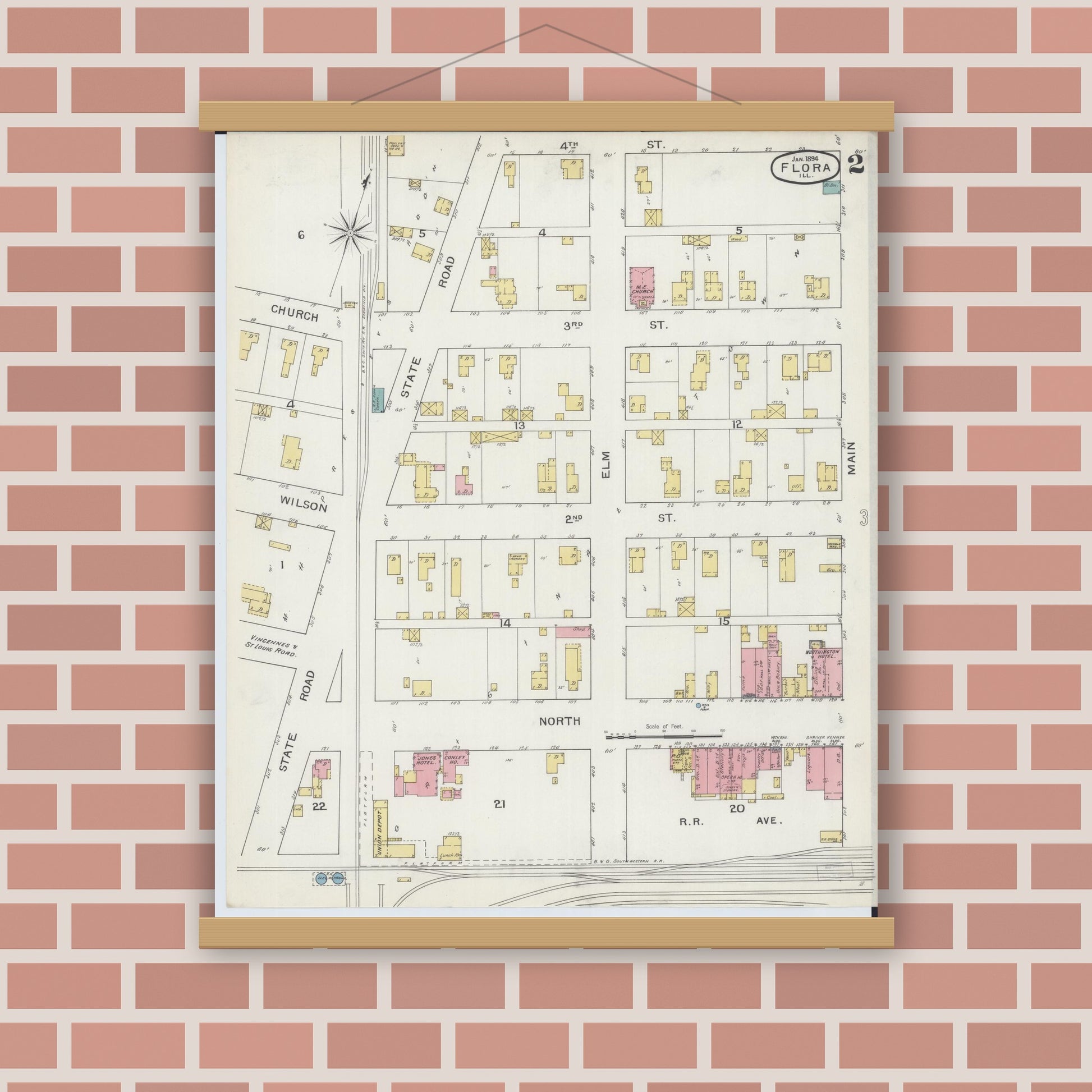 Old map wall art mockup — magnetic wood frame on brick wall — Sanborn Fire Insurance Map from Flora, Clay County, Illinois (1894), Sheet #0002