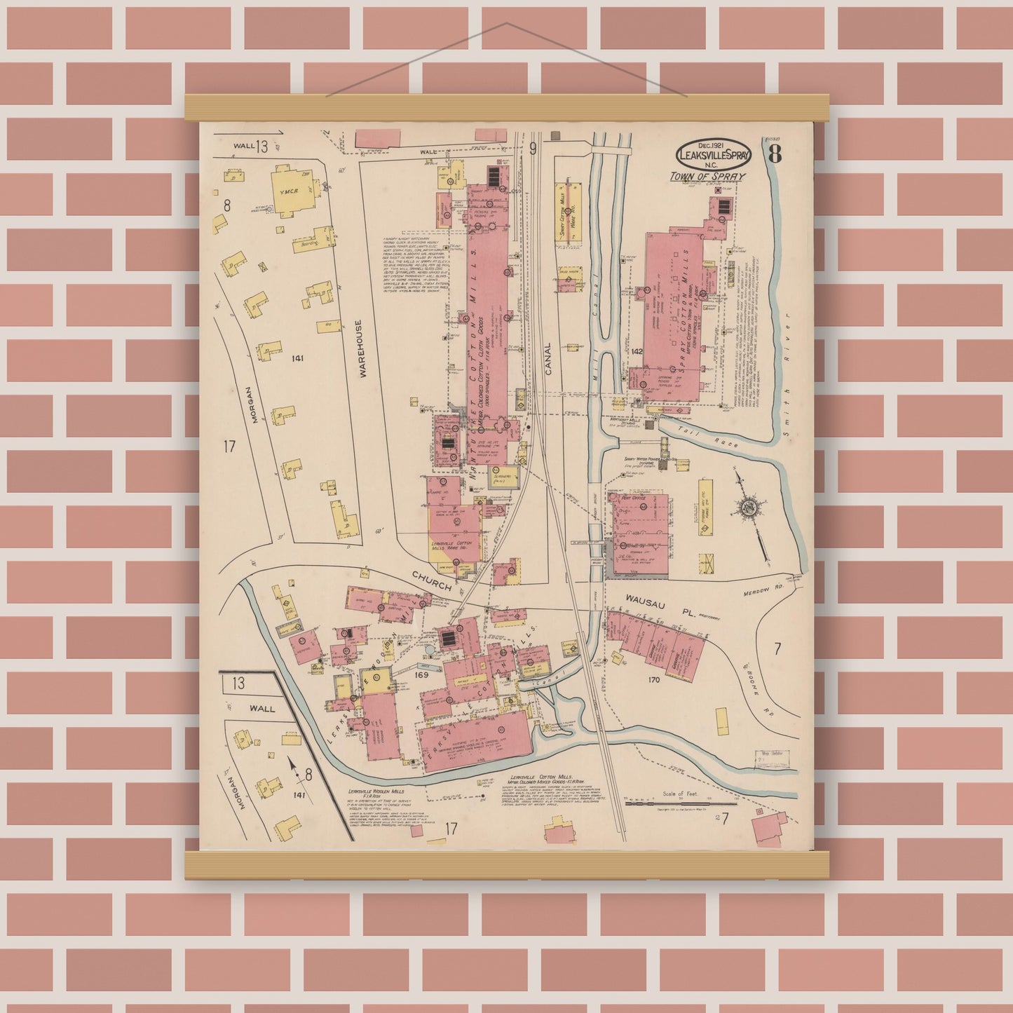 Old map wall art mockup — magnetic wood frame on brick wall — Sanborn Fire Insurance Map from Leaksville-spray, Rockingham County, North Carolina (1921), Sheet #0008