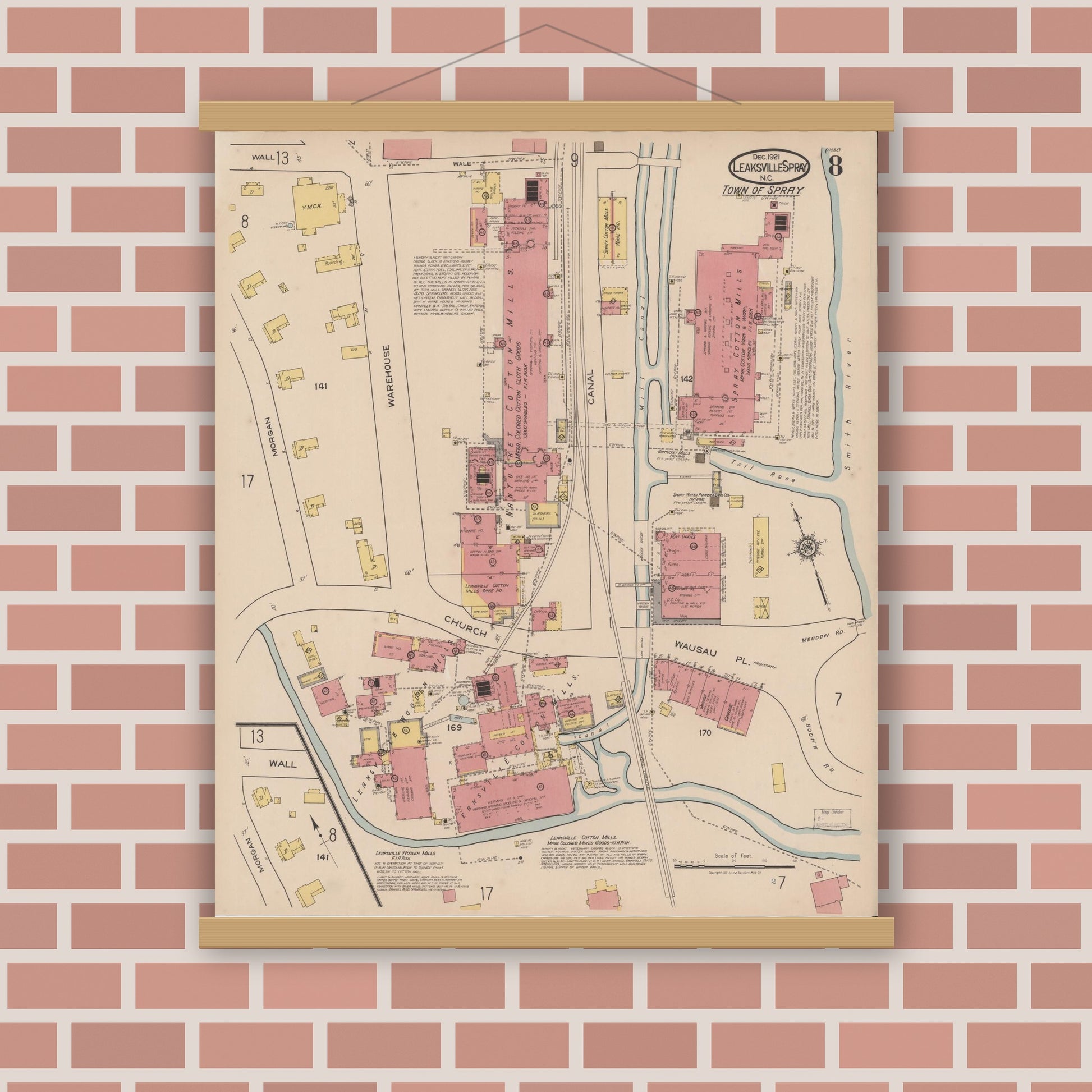 Old map wall art mockup — magnetic wood frame on brick wall — Sanborn Fire Insurance Map from Leaksville-spray, Rockingham County, North Carolina (1921), Sheet #0008