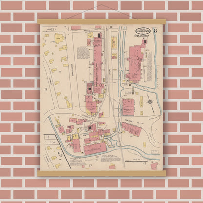 Old map wall art mockup — magnetic wood frame on brick wall — Sanborn Fire Insurance Map from Leaksville-spray, Rockingham County, North Carolina (1921), Sheet #0008