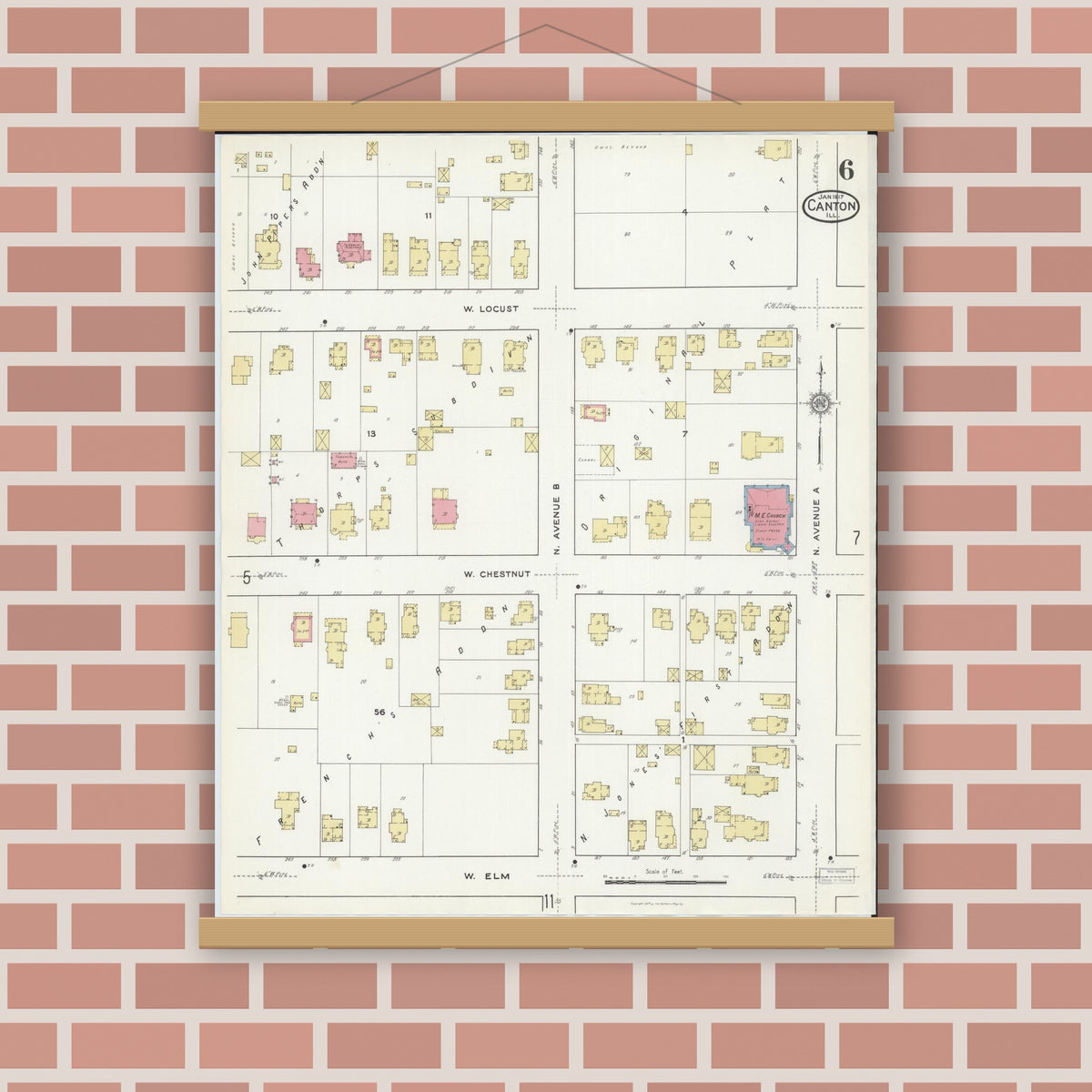 Old map wall art mockup — magnetic wood frame on brick wall — Sanborn Fire Insurance Map from Canton, Fulton County, Illinois (1917), Sheet #0006