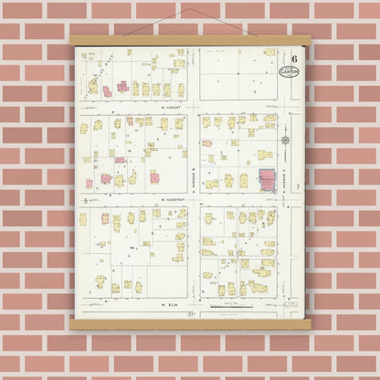 Old map wall art mockup — magnetic wood frame on brick wall — Sanborn Fire Insurance Map from Canton, Fulton County, Illinois (1917), Sheet #0006