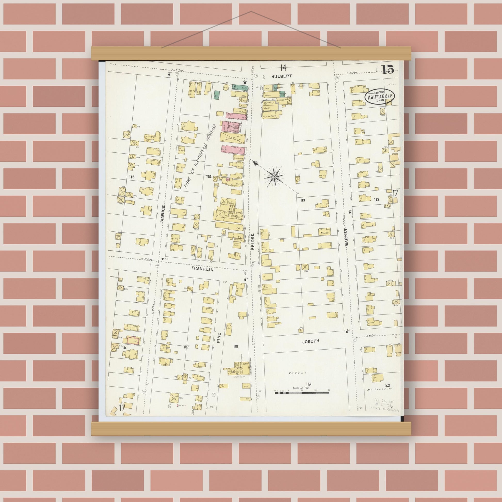 Old map wall art mockup — magnetic wood frame on brick wall — Sanborn Fire Insurance Map from Ashtabula, Ashtabula County, Ohio (1898), Sheet #0015
