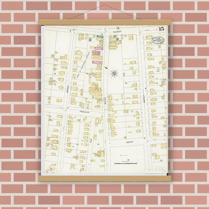Old map wall art mockup — magnetic wood frame on brick wall — Sanborn Fire Insurance Map from Ashtabula, Ashtabula County, Ohio (1898), Sheet #0015