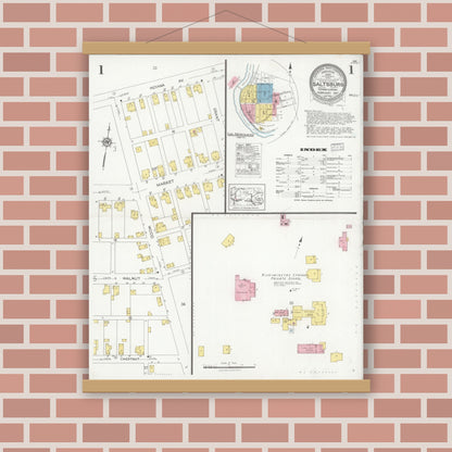 Old map wall art mockup — magnetic wood frame on brick wall — Sanborn Fire Insurance Map from Saltsburg, Indiana County, Pennsylvania (1927) - Complete Map Set