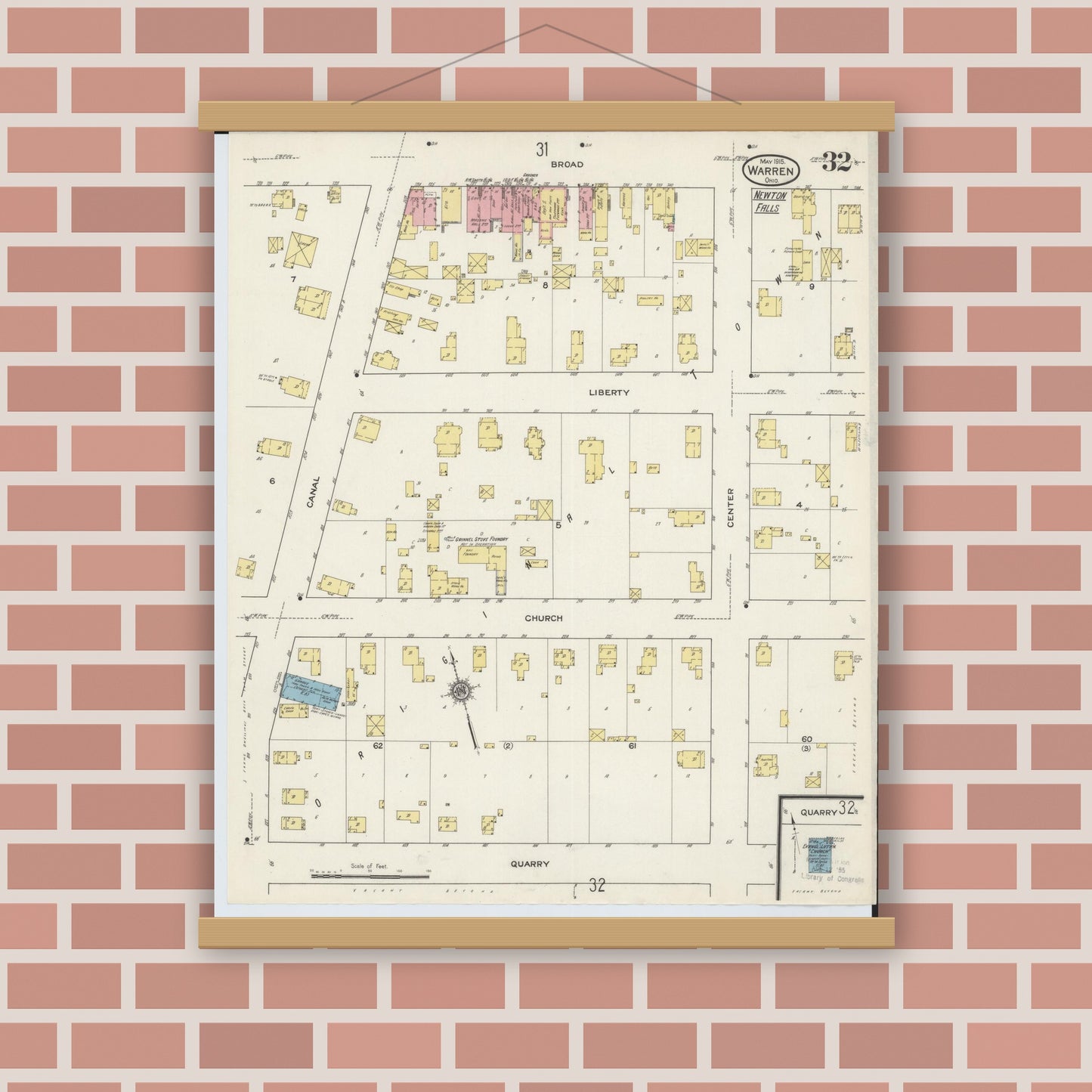 Old map wall art mockup — magnetic wood frame on brick wall — Sanborn Fire Insurance Map from Warren, Trumbull County, Ohio (1915), Sheet #0032