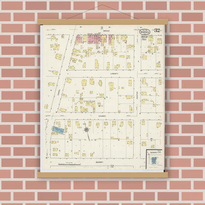 Old map wall art mockup — magnetic wood frame on brick wall — Sanborn Fire Insurance Map from Warren, Trumbull County, Ohio (1915), Sheet #0032