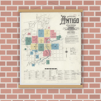 Old map wall art mockup — magnetic wood frame on brick wall — Sanborn Fire Insurance Map from Antigo, Langlade County, Wisconsin (1909) - Complete Map Set