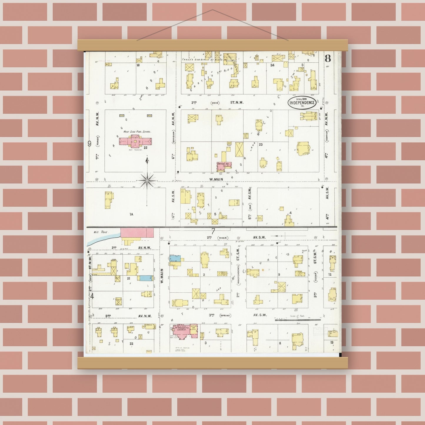 Old map wall art mockup — magnetic wood frame on brick wall — Sanborn Fire Insurance Map from Independence, Buchanan County, Iowa (1899), Sheet #0008