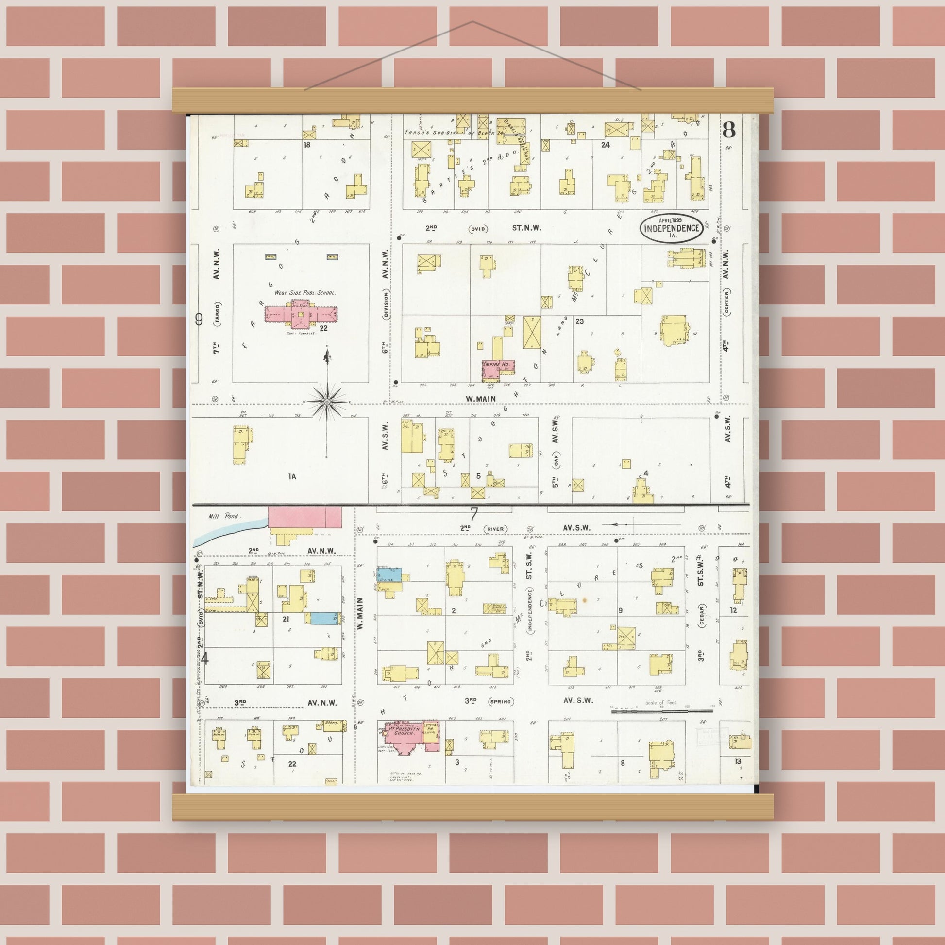 Old map wall art mockup — magnetic wood frame on brick wall — Sanborn Fire Insurance Map from Independence, Buchanan County, Iowa (1899), Sheet #0008