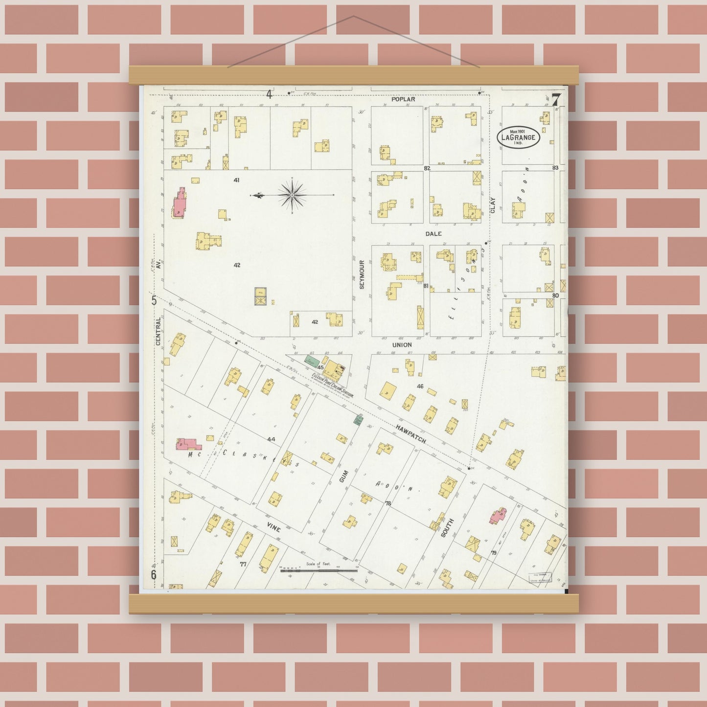 Old map wall art mockup — magnetic wood frame on brick wall — Sanborn Fire Insurance Map from Lagrange, LaGrange County, Indiana (1901), Sheet #0007