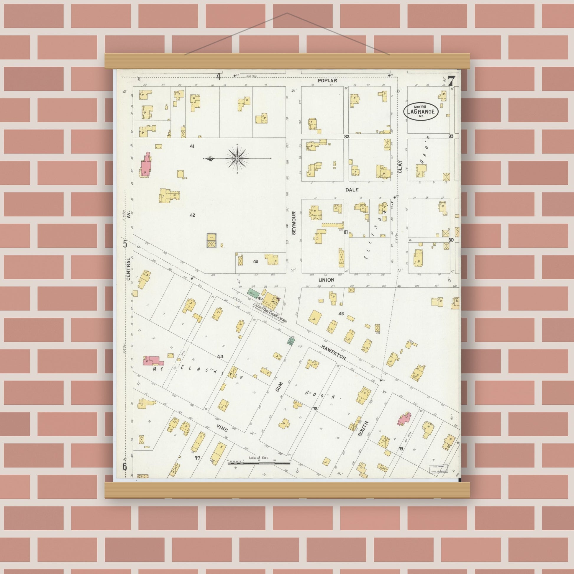 Old map wall art mockup — magnetic wood frame on brick wall — Sanborn Fire Insurance Map from Lagrange, LaGrange County, Indiana (1901), Sheet #0007