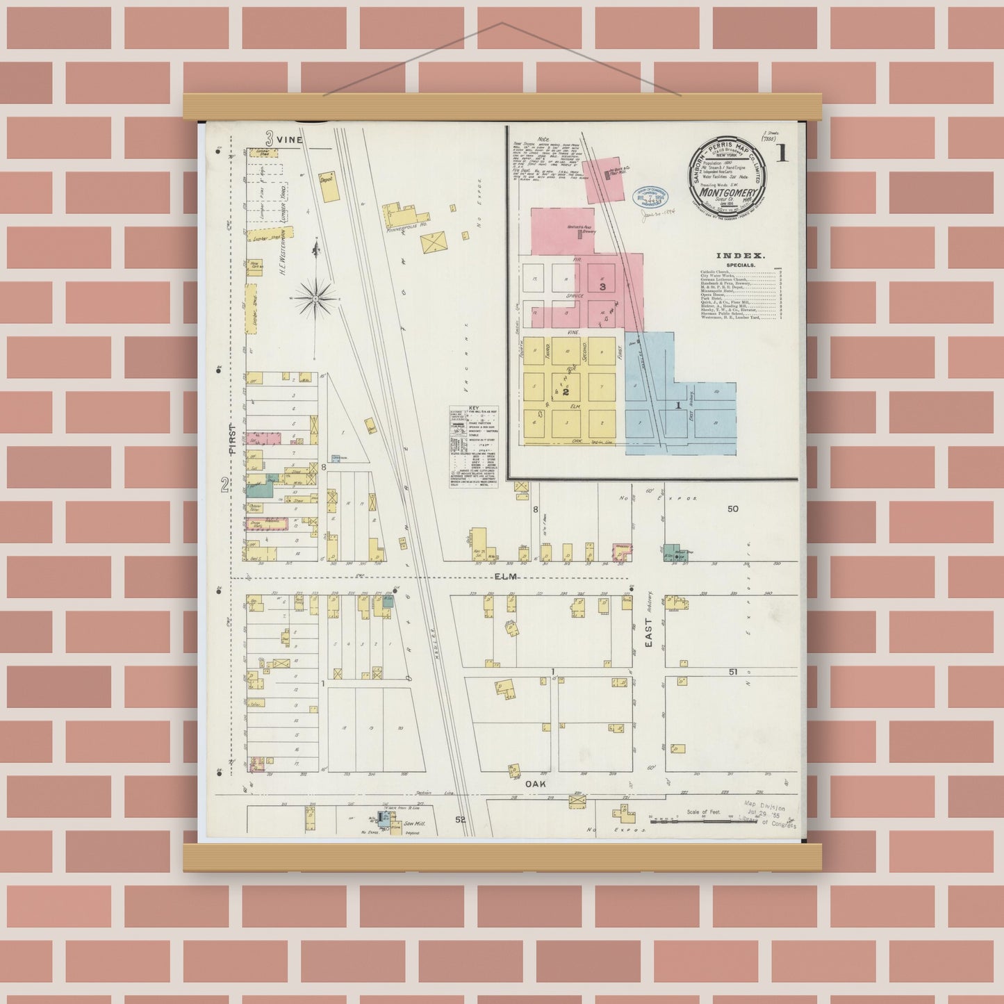 Old map wall art mockup — magnetic wood frame on brick wall — Sanborn Fire Insurance Map from Montgomery, Le Sueur  County, Minnesota (1894), Sheet #0001