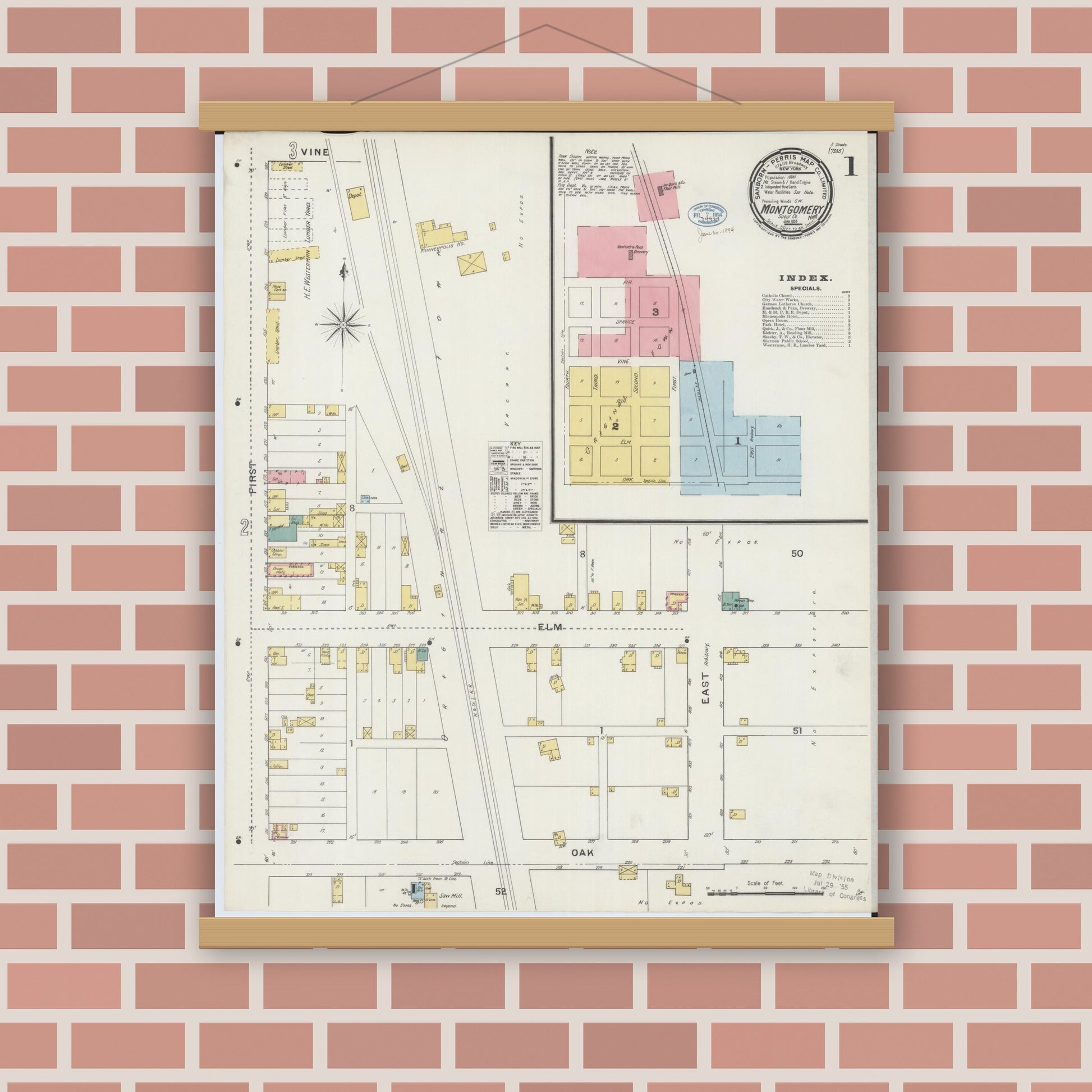 Old map wall art mockup — magnetic wood frame on brick wall — Sanborn Fire Insurance Map from Montgomery, Le Sueur  County, Minnesota (1894), Sheet #0001