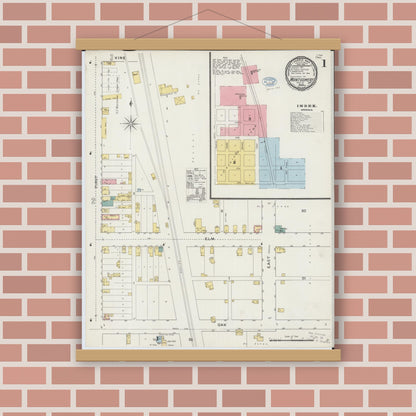 Old map wall art mockup — magnetic wood frame on brick wall — Sanborn Fire Insurance Map from Montgomery, Le Sueur  County, Minnesota (1894), Sheet #0001