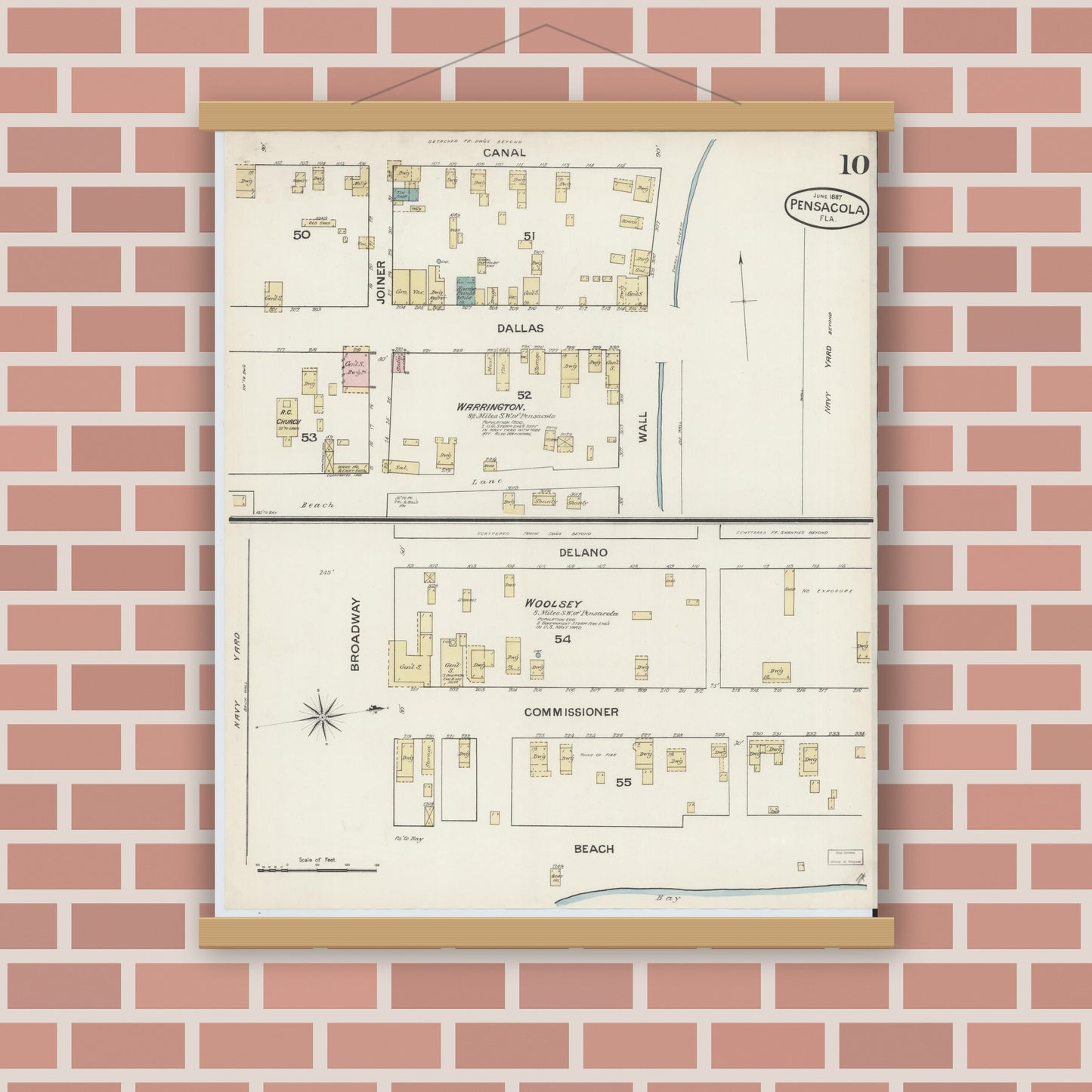 Old map wall art mockup — magnetic wood frame on brick wall — Sanborn Fire Insurance Map from Pensacola, Escambia County, Florida (1887), Sheet #0010