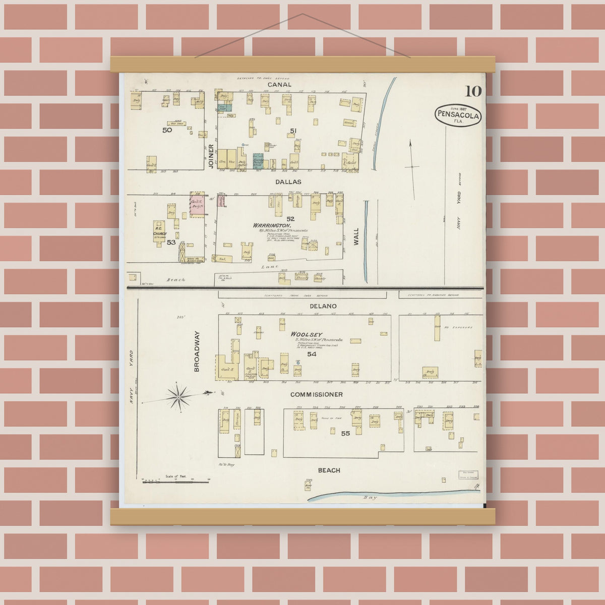 Old map wall art mockup — magnetic wood frame on brick wall — Sanborn Fire Insurance Map from Pensacola, Escambia County, Florida (1887), Sheet #0010