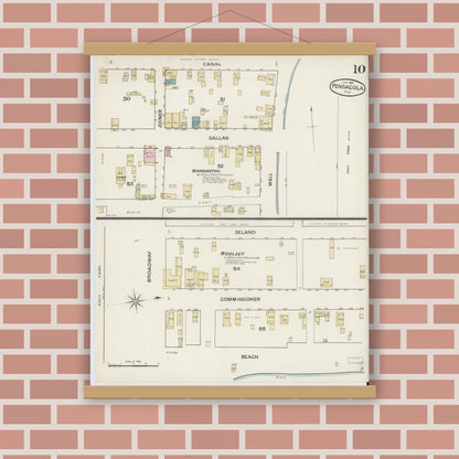 Old map wall art mockup — magnetic wood frame on brick wall — Sanborn Fire Insurance Map from Pensacola, Escambia County, Florida (1887), Sheet #0010