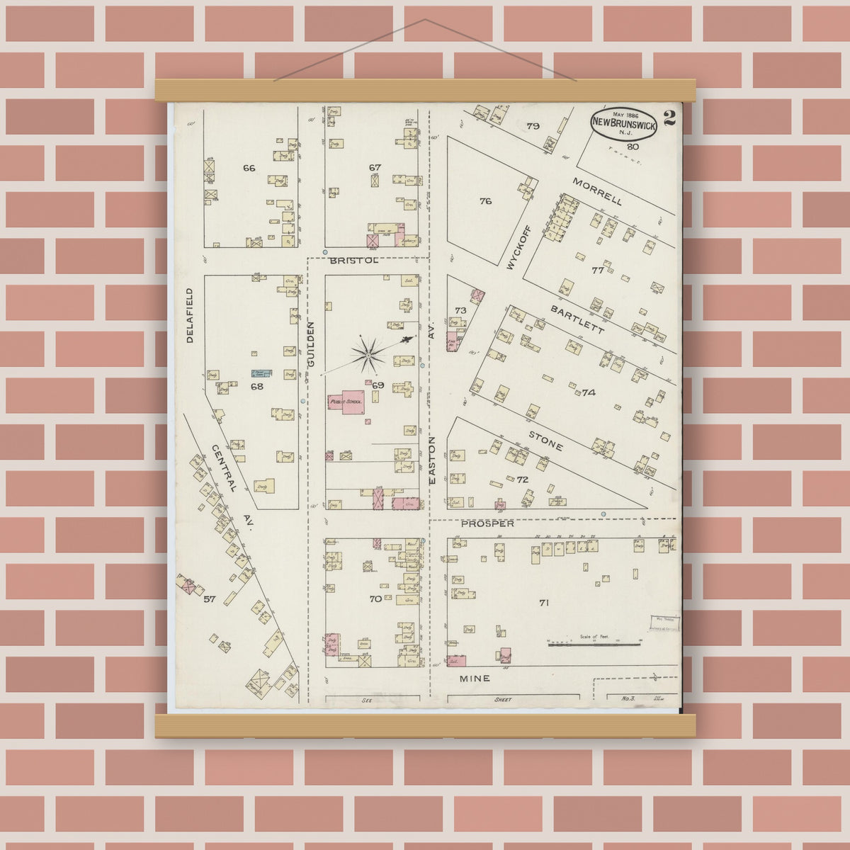 Old map wall art mockup — magnetic wood frame on brick wall — Sanborn Fire Insurance Map from New Brunswick, Middlesex County, New Jersey (1886) - Complete Map Set