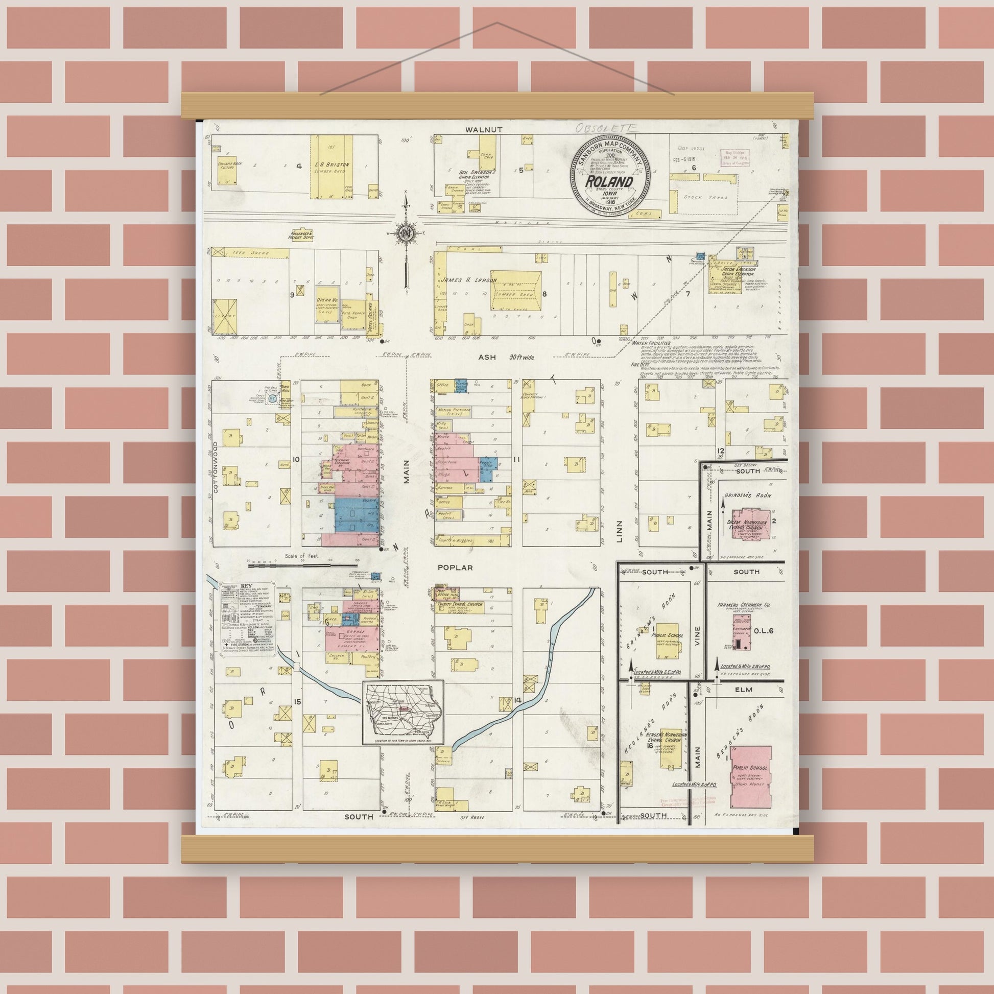 Old map wall art mockup — magnetic wood frame on brick wall — Sanborn Fire Insurance Map from Roland, Story County, Iowa (1916), Sheet #0001
